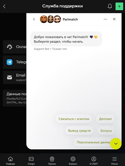 Обращение в поддержку через онлайн-чат